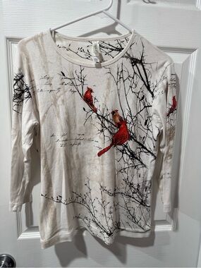 Endless Designs Cream Tee with Cardinal bird and Black Branch Print